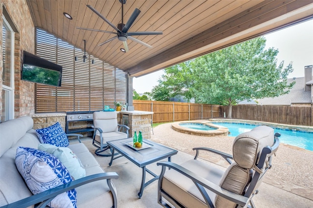 2701 Timberhill Dr, Flower Mound, TX 75028 - fenced backyard with an outdoor living space, a patio, a pool with connected hot tub, and ceiling fan