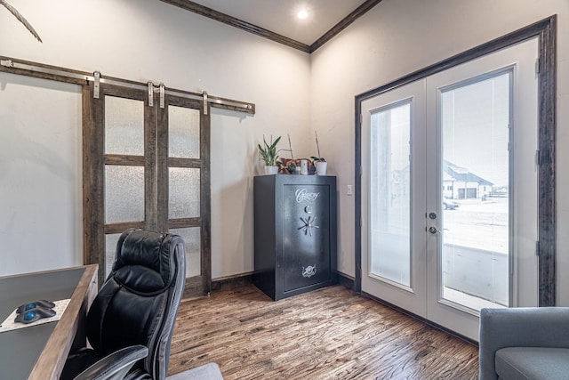 3240 Glenmore Ave, Northlake, TX 76247 - office space featuring french doors, ornamental molding, wood finished floors, healthy amount of natural light, and a barn door