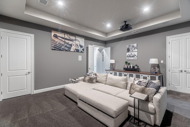 3240 Glenmore Ave, Northlake, TX 76247 - cinema room featuring a raised ceiling, dark colored carpet, and recessed lighting