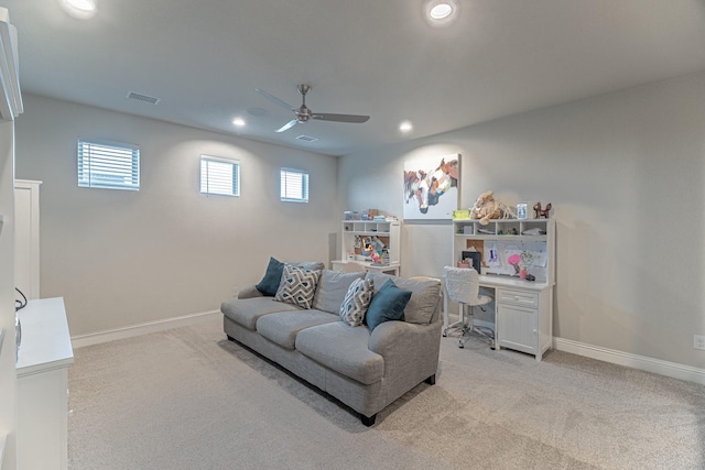 3240 Glenmore Ave, Northlake, TX 76247 - living room featuring a ceiling fan, an office area, recessed lighting, and light carpet