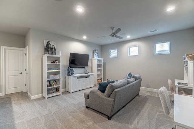 3240 Glenmore Ave, Northlake, TX 76247 - living area featuring light carpet, a ceiling fan, and recessed lighting