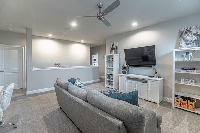3240 Glenmore Ave, Northlake, TX 76247 - living area featuring light colored carpet, a ceiling fan, and recessed lighting