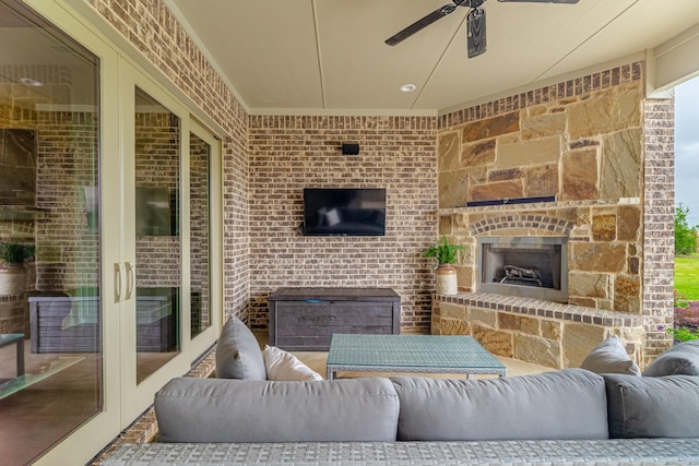 3240 Glenmore Ave, Northlake, TX 76247 - view of patio / terrace with a ceiling fan and an outdoor living space with a fireplace