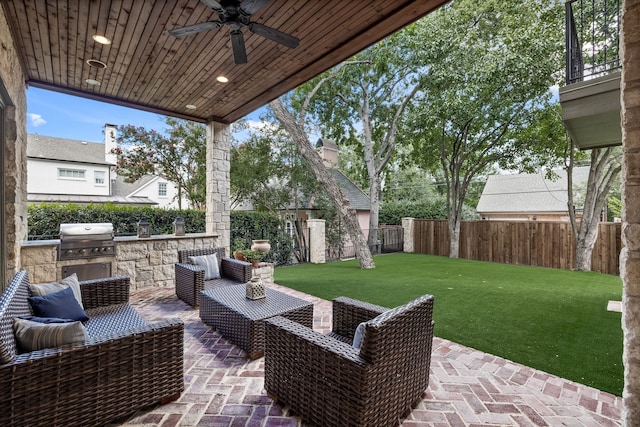 2812 Purdue St, University Park, TX 75225 - fenced backyard featuring area for grilling, a ceiling fan, a patio, and an outdoor living space