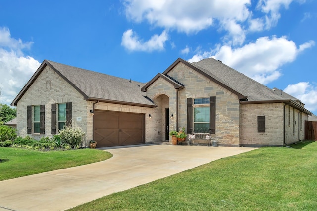 621 Mesquite Grove Rd, Midlothian, TX 76065 - french country home featuring a shingled roof, an attached garage, brick siding, concrete driveway, and a front lawn