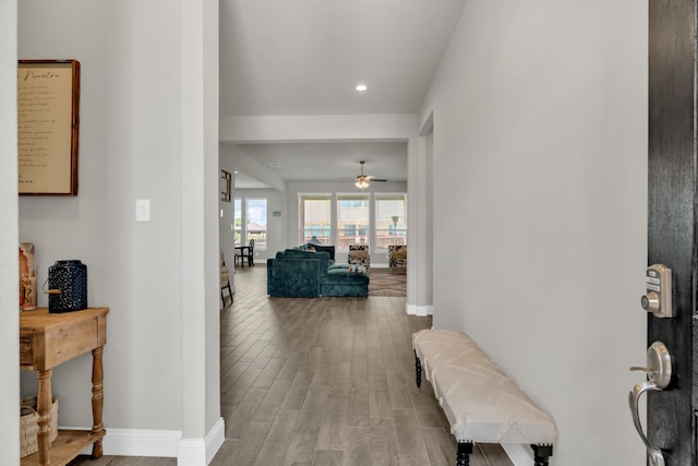 621 Mesquite Grove Rd, Midlothian, TX 76065 - entryway featuring light wood-type flooring, ceiling fan, and recessed lighting