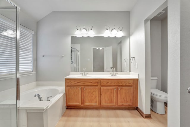 1629 Lakeside Dr, Allen, TX 75002 - full bath featuring double vanity, a garden tub, wood finished floors, a shower stall, and lofted ceiling