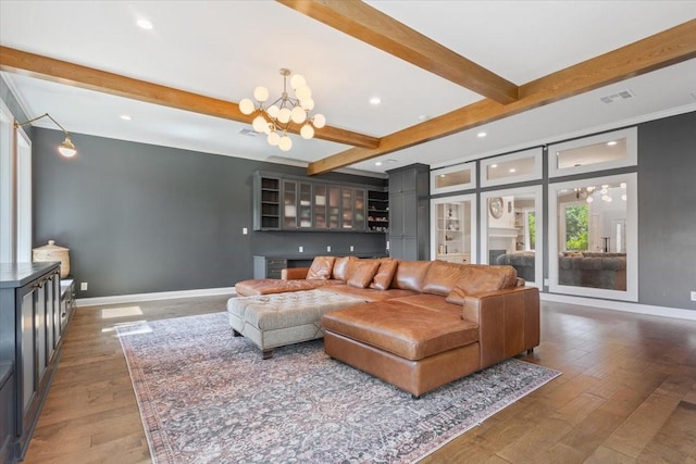 10003 Willow Bend Dr, Woodway, TX 76712 - living room featuring a chandelier, beam ceiling, recessed lighting, and wood finished floors