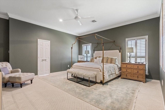 10003 Willow Bend Dr, Woodway, TX 76712 - carpeted bedroom with crown molding and a ceiling fan
