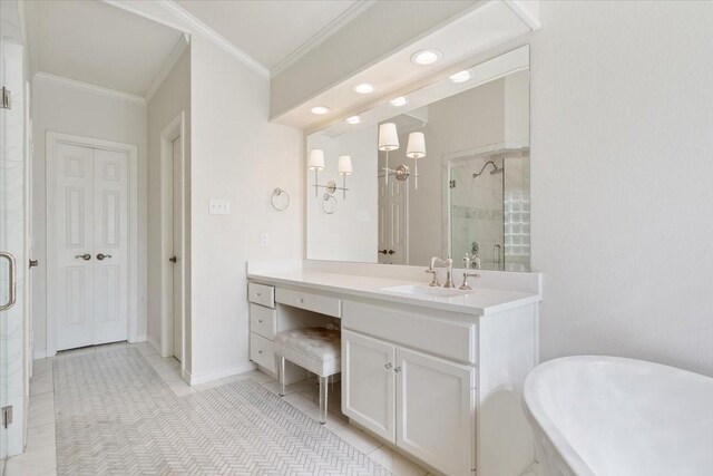 10003 Willow Bend Dr, Woodway, TX 76712 - full bath featuring ornamental molding, a stall shower, vanity, a freestanding bath, and tile patterned flooring