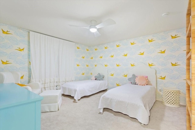 10003 Willow Bend Dr, Woodway, TX 76712 - bedroom featuring wallpapered walls, carpet, and ceiling fan