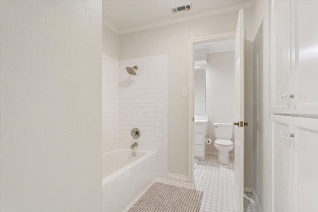 10003 Willow Bend Dr, Woodway, TX 76712 - full bathroom with vanity, crown molding, shower / washtub combination, and tile patterned floors