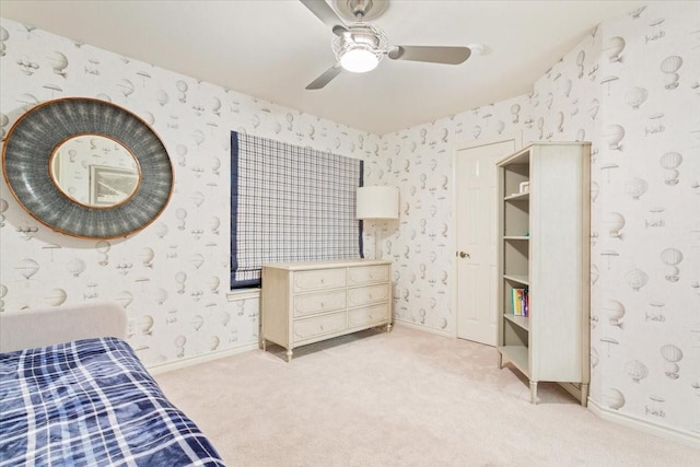 10003 Willow Bend Dr, Woodway, TX 76712 - bedroom featuring wallpapered walls, light colored carpet, and ceiling fan