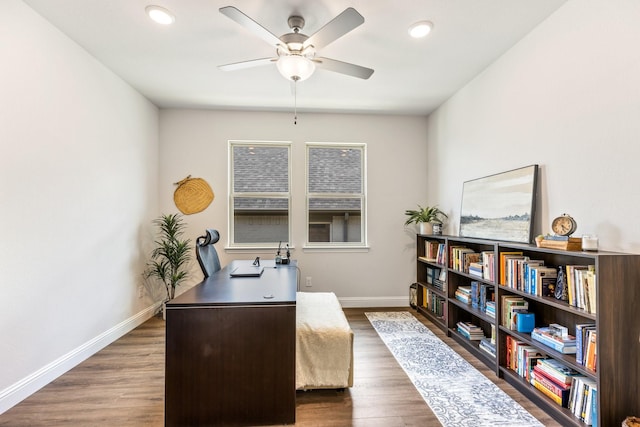 313 Savannah Ln, Oak Point, TX 75068 - office area featuring ceiling fan, dark wood-style floors, and recessed lighting