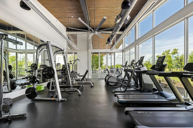 313 Savannah Ln, Oak Point, TX 75068 - gym featuring a high ceiling, wooden ceiling, and a ceiling fan