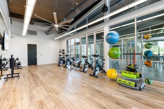 313 Savannah Ln, Oak Point, TX 75068 - gym featuring a towering ceiling, healthy amount of natural light, wood finished floors, and a ceiling fan