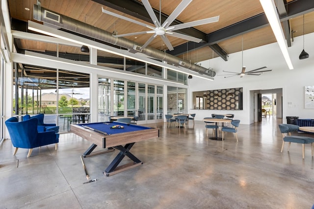 313 Savannah Ln, Oak Point, TX 75068 - game room featuring a towering ceiling, a ceiling fan, concrete flooring, billiards, and a wooden ceiling with exposed beams
