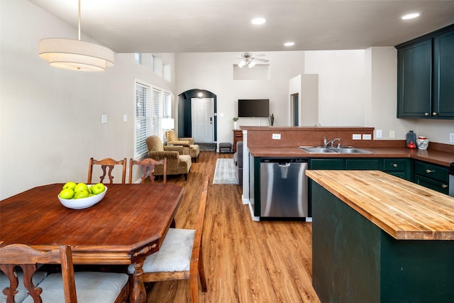 9028 Wild Rose Ln, Cross Roads, TX 76227 - kitchen with dishwasher, wooden counters, ceiling fan, light wood finished floors, and a peninsula
