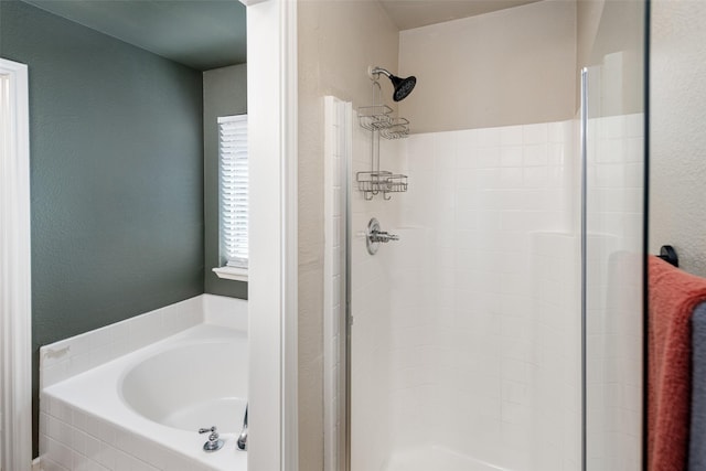 9028 Wild Rose Ln, Cross Roads, TX 76227 - full bathroom with a garden tub, a stall shower, and a textured wall