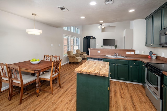 9028 Wild Rose Ln, Cross Roads, TX 76227 - kitchen featuring appliances with stainless steel finishes, green cabinetry, wooden counters, open floor plan, and a ceiling fan