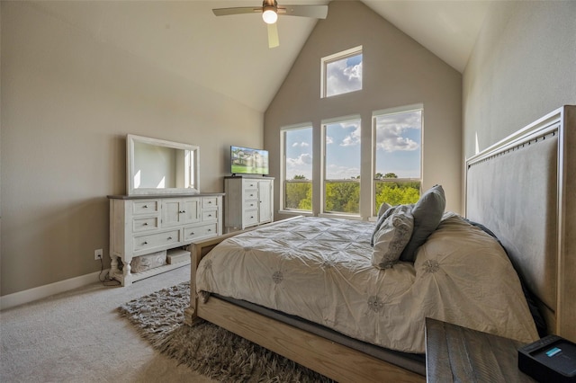 4857 Cumberland Cir, Carrollton, TX 75010 - carpeted bedroom featuring high vaulted ceiling and a ceiling fan