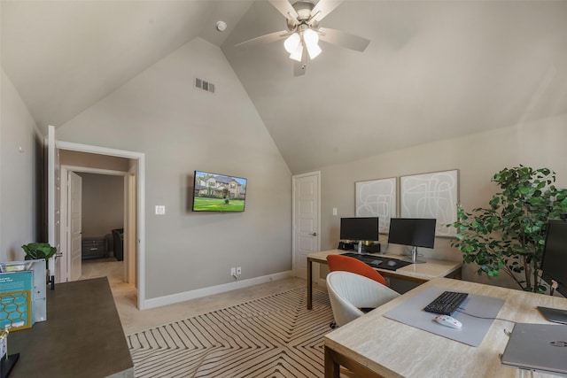 4857 Cumberland Cir, Carrollton, TX 75010 - office with a ceiling fan, high vaulted ceiling, and light carpet