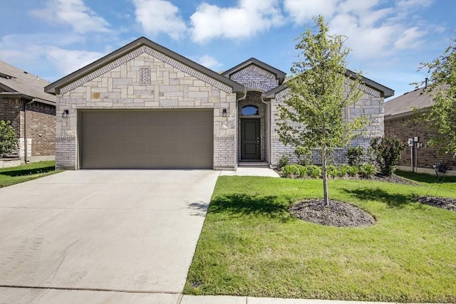 532 Dunmore Dr, Fort Worth, TX 76052 - french provincial home featuring an attached garage, a front lawn, concrete driveway, stone siding, and brick siding