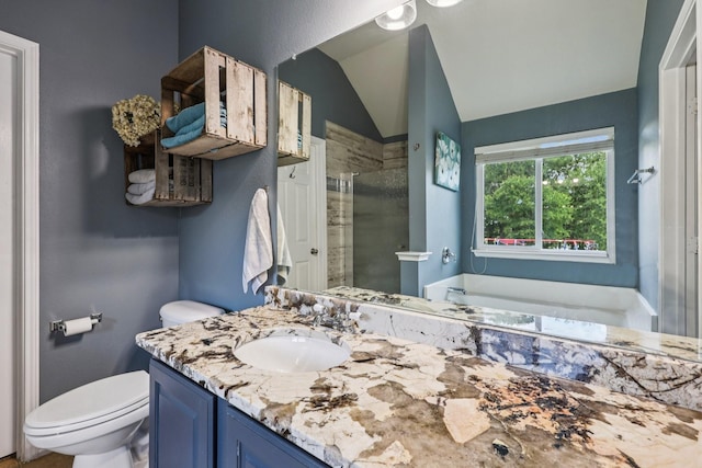 504 Lake Point Dr, Little Elm, TX 75068 - full bath featuring a shower stall, vanity, a bath, and lofted ceiling