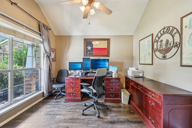 504 Lake Point Dr, Little Elm, TX 75068 - office featuring lofted ceiling, dark wood-type flooring, and ceiling fan