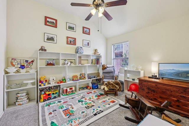 504 Lake Point Dr, Little Elm, TX 75068 - game room featuring carpet floors, ceiling fan, and vaulted ceiling