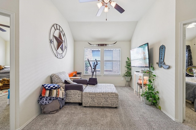 504 Lake Point Dr, Little Elm, TX 75068 - living area with a ceiling fan, carpet, and vaulted ceiling