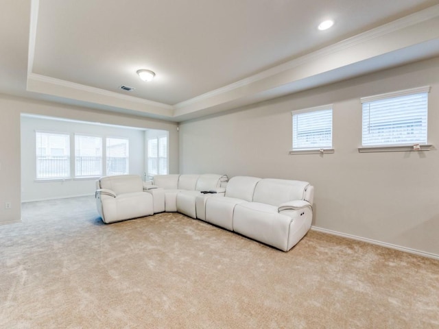 1244 Eagle Ln, Little Elm, TX 76227 - living area featuring a raised ceiling, crown molding, and carpet
