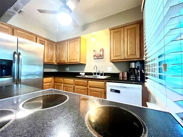 309 Bellaire Dr, Denton, TX 76209 - kitchen featuring dishwasher, stainless steel fridge with ice dispenser, dark countertops, and a ceiling fan