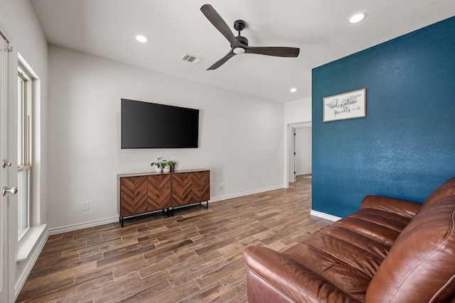 1402 Summer Dell Ct, Keller, TX 76262 - living area with wood finished floors, a ceiling fan, and recessed lighting