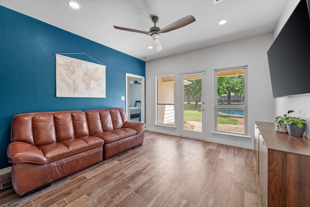 1402 Summer Dell Ct, Keller, TX 76262 - living area with a ceiling fan, wood finished floors, and recessed lighting