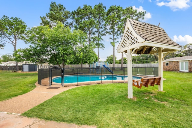 1402 Summer Dell Ct, Keller, TX 76262 - view of pool featuring a fenced backyard, a playground, a shed, and french doors