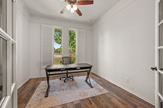 1402 Summer Dell Ct, Keller, TX 76262 - office area featuring ceiling fan, dark wood finished floors, and crown molding