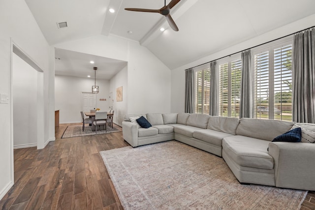 1402 Summer Dell Ct, Keller, TX 76262 - living area with dark wood-style floors, ceiling fan, beamed ceiling, and high vaulted ceiling