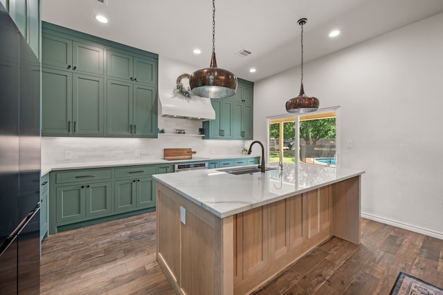 1402 Summer Dell Ct, Keller, TX 76262 - kitchen with appliances with stainless steel finishes, dark wood finished floors, decorative backsplash, green cabinetry, and recessed lighting