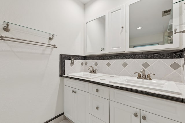 2521 Misty Glen Dr, Flower Mound, TX 75028 - full bathroom featuring double vanity and backsplash