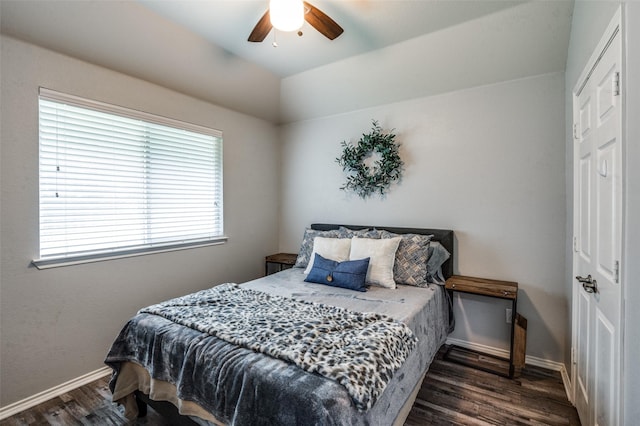 9938 Wethers Field Cir, Providence Village, TX 76227 - bedroom with wood finished floors, lofted ceiling, and ceiling fan
