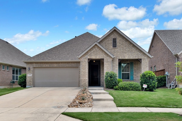 813 Louisville Rd, Savannah, TX 76227 - french country style house featuring brick siding, a garage, a front lawn, concrete driveway, and a shingled roof