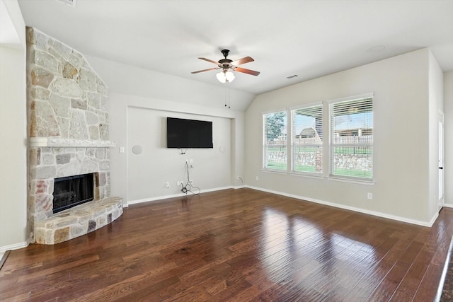 4000 Barnhill Ct, Denton, TX 76208 - unfurnished living room featuring ceiling fan, wood finished floors, a fireplace, and lofted ceiling
