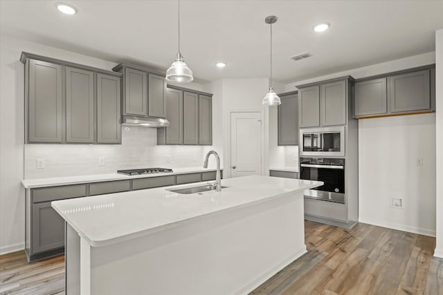 1900 Twisted Tree Ln, Mesquite, TX 75181 - kitchen with stainless steel appliances, under cabinet range hood, light wood finished floors, gray cabinetry, and recessed lighting