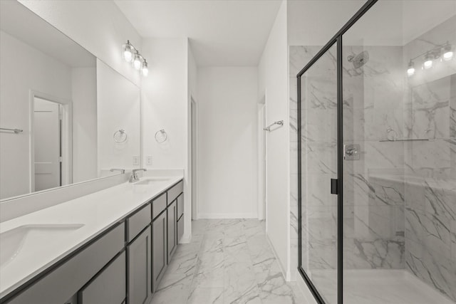 1900 Twisted Tree Ln, Mesquite, TX 75181 - bathroom with marble look tile flooring, a marble finish shower, and double vanity