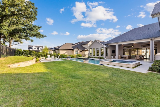 1454 Sunset Point Dr, Flower Mound, TX 75022 - view of yard with a patio area, outdoor lounge area, ceiling fan, a residential view, and a pool with connected hot tub