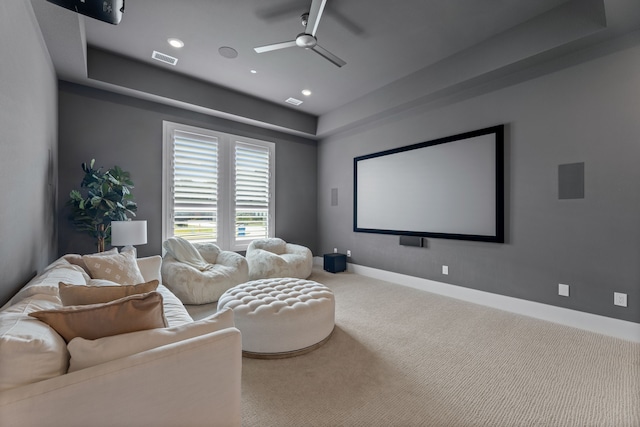 1454 Sunset Point Dr, Flower Mound, TX 75022 - carpeted cinema room with ceiling fan, a raised ceiling, and recessed lighting