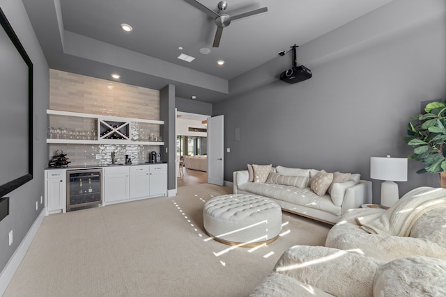 1454 Sunset Point Dr, Flower Mound, TX 75022 - living room with beverage cooler, wet bar, ceiling fan, recessed lighting, and light carpet