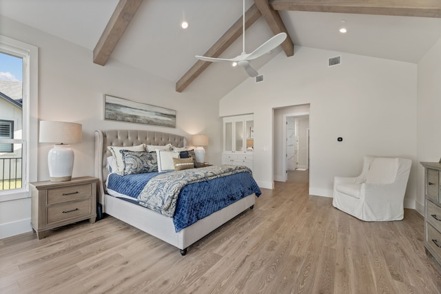 1454 Sunset Point Dr, Flower Mound, TX 75022 - bedroom featuring beamed ceiling, light wood-style flooring, multiple windows, high vaulted ceiling, and recessed lighting