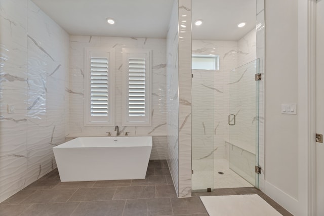 1454 Sunset Point Dr, Flower Mound, TX 75022 - bathroom with a freestanding tub, a marble finish shower, and recessed lighting